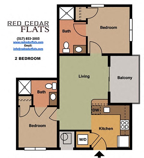 Floor plan for 2 beds, 2 baths, 850 sqft